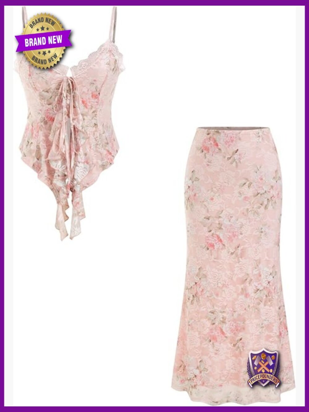 Floral Lace Spaghetti Strap Tank Top & Bodycon Midi Skirt Set, Two Piece Outfit